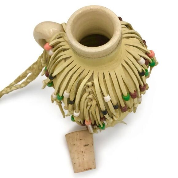 Hobbyist Suede Leather Wrapped Ceramic Jug with Beaded Fringe Braided Strap - Picture 7 of 16